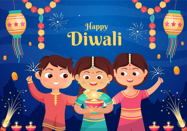 可爱的印度孩子庆祝排灯节，手持灯笼，点燃烟花和曼荼罗或兰戈里艺术与背景矢量插图节日的灯图片下载