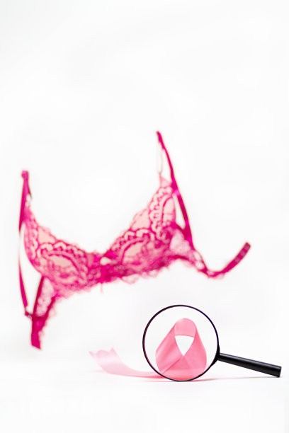 世界癌症日。白色背景下的粉色胸罩，放大镜下的粉色丝带。垂直方向。本空间图片下载
