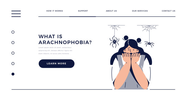 蜘蛛恐惧症，怕蜘蛛网模板。受惊的女性角色患有蜘蛛恐惧症，用手捂脸。非理性的恐惧，害怕昆虫为主页。平面向量插图图片下载
