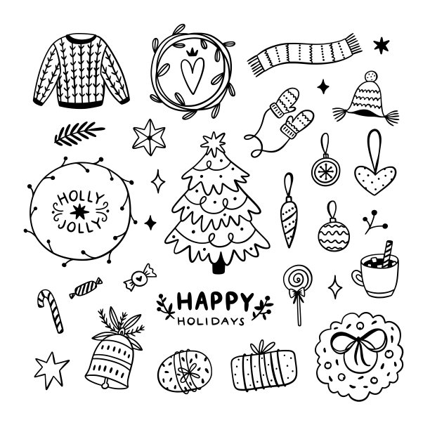 圣诞快乐涂鸦剪贴画手绘冬季插画可爱节日矢量素材图片下载