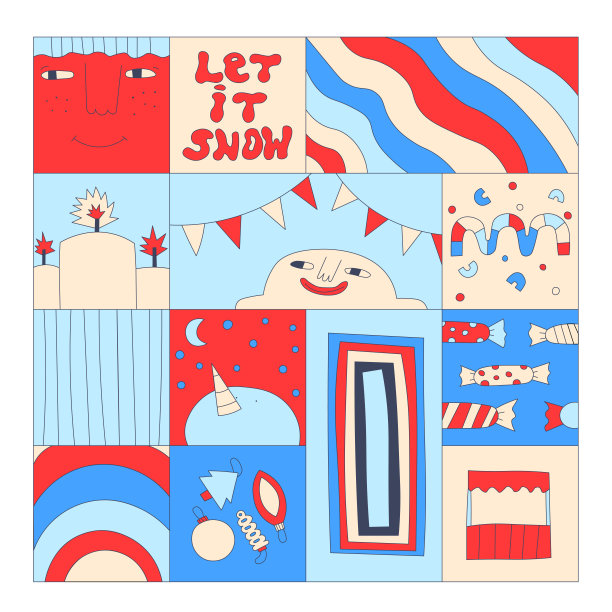 复古的冬季无缝图案嬉皮风格。七六十年代时髦的明信片。带有几何漫画片段的迷幻蓝色海报。面孔，圣诞节，星星，方格里的条纹。拼接的艺术图片下载