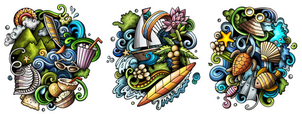 毛里求斯卡通矢量涂鸦设计集。图片下载