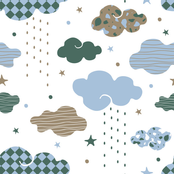 白色背景上的雨云重复矢量模式。简单的纹理天气壁纸为儿童设计。装饰柔软的天空时尚纺织品。图片下载