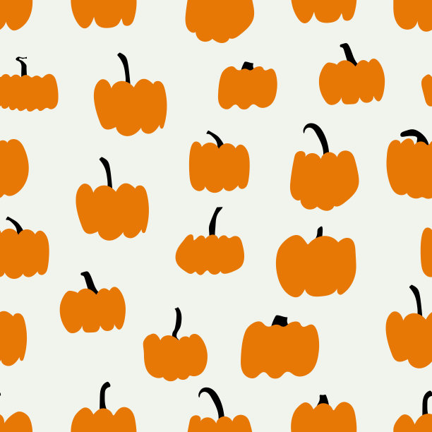 有颜色背景的秋天南瓜。适合秋天，万圣节，感恩节，节假日，织物，纺织品。无缝重复样本。素材图片