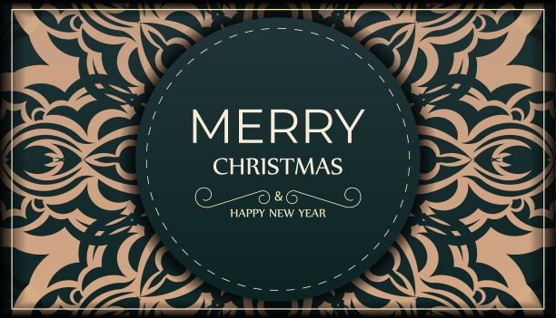 贺年贺卡，深绿色，复古黄色装饰图片下载