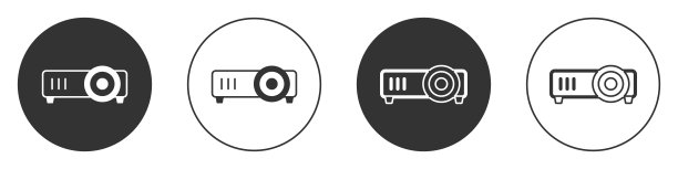 黑色演示，电影，电影，媒体投影仪图标隔离在白色背景上。圆按钮。向量图片下载