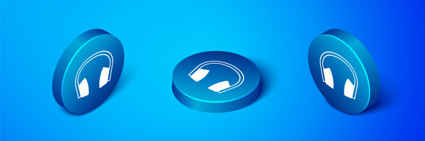 等距噪声消除耳机图标隔离在蓝色背景。耳机保护耳朵免受噪音。蓝色圆按钮。向量图片下载