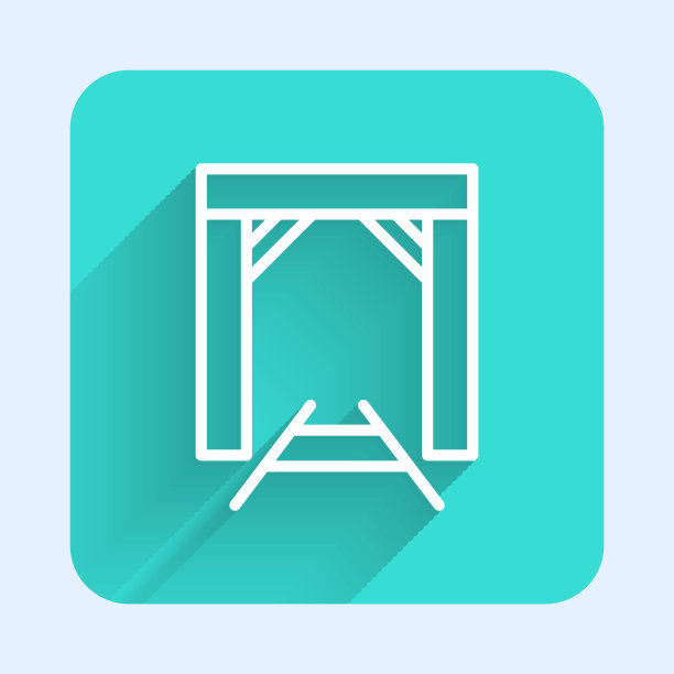 白线矿坑入口图标与长阴影背景隔离。绿色广场按钮。向量图片下载