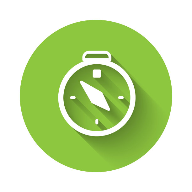 白色罗盘图标与长阴影背景隔离。Windrose导航的象征。风向玫瑰图信号。绿色圆圈按钮。向量图片下载