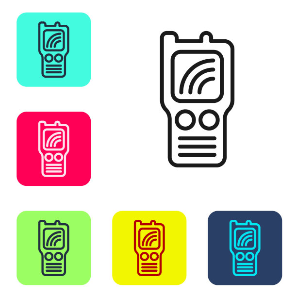 黑色线对讲机图标孤立在白色背景。便携式无线电发射器图标。无线电收发器的信号。在彩色方形按钮中设置图标。向量图片下载