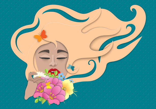 美丽的年轻女子的肖像长发和鲜花花束图片下载