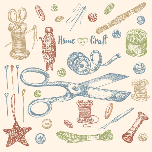 一套手工绘制的复古缝纫工具缝图片下载