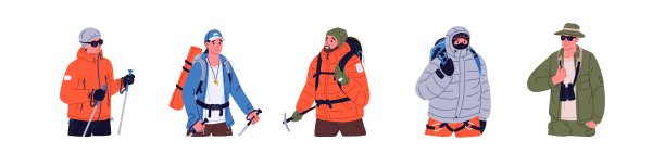一组徒步和徒步旅行的人。背着背包和装备的徒步旅行者。夏季和冬季旅游活跃。平面矢量插图的背包客孤立在白色背景图片下载
