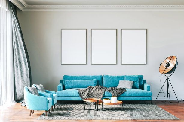 带空白海报样机的精美室内3D渲染图片下载