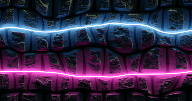 3 d渲染。砖墙被聚光灯的粉红色霓虹灯照亮。抽象背景发球面上的光效果。图片下载