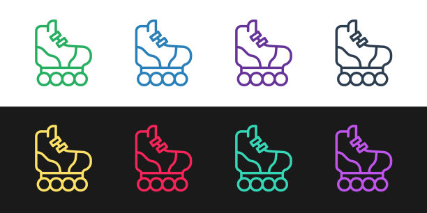 设线轮滑图标孤立于黑色和图片下载