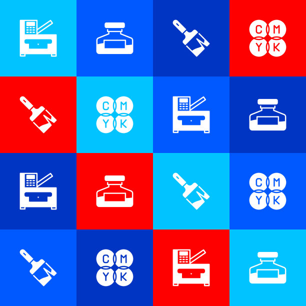 设置复印机、墨水瓶、刷子和cmyk图片下载