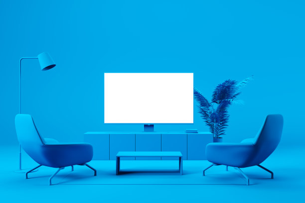 蓝色客厅里的电视机前有两把扶手椅。全家一起在线观看电影和电视节目的概念。3 d渲染。图片下载