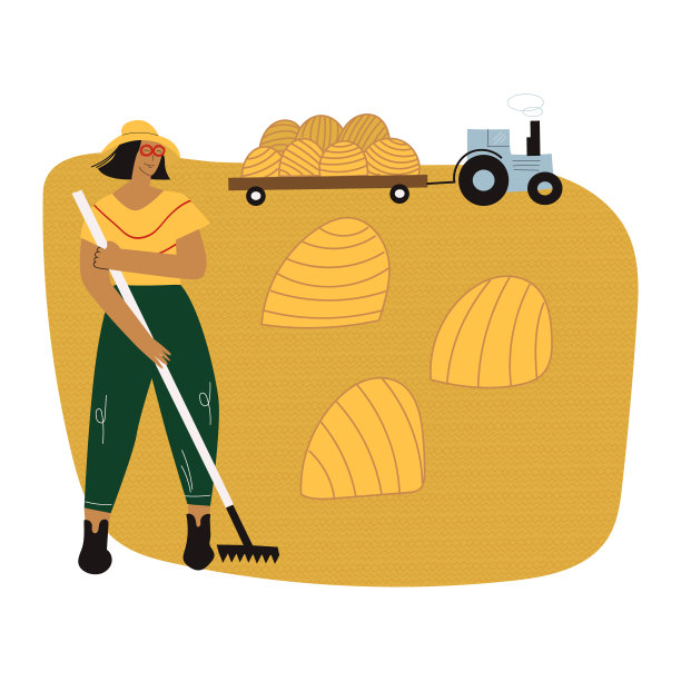 秋天，农妇在干草棚旁用干草叉准备干草。干草堆中的黄色稻草和农业设备。乡村生活方式平面卡通矢量插图孤立在白色图片下载