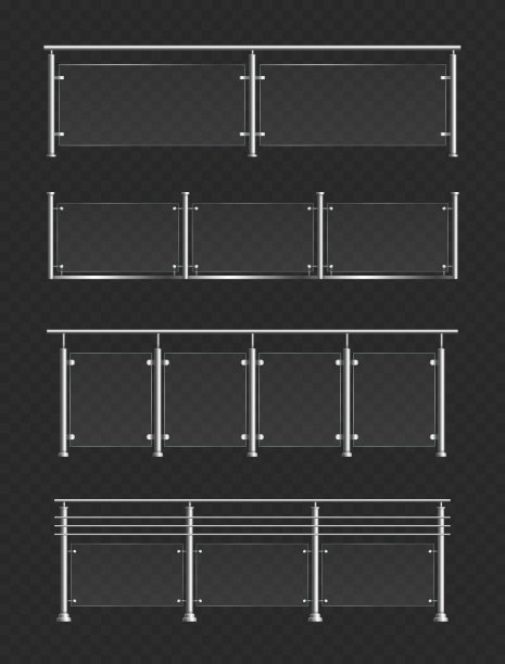玻璃扶手设置，逼真的3d光泽栏杆或有机玻璃屏障，栅栏部分图片下载
