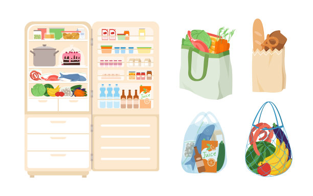 卡通冰箱，开着门，用白色隔离在低温下储存烹调用的健康食品。冰箱，装满食物的袋子从杂货店或超市向量插图集。图片下载