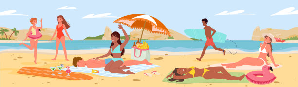 人们在夏季度假游玩，在海滨景观，人物日光浴图片下载