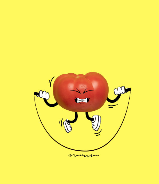 艺术品。有趣可爱的红色西红柿跳绳孤立在黄色背景。以卡通风格画蔬菜维生素,健康的生活方式。图片下载