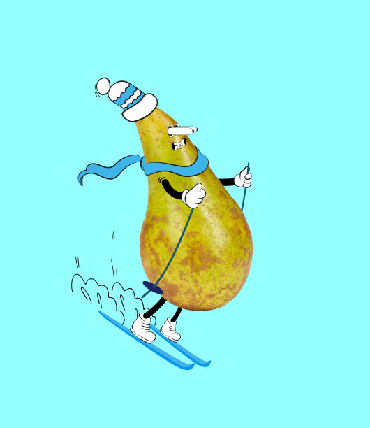 当代艺术拼贴。有趣可爱的梨滑雪孤立的蓝色背景。以卡通风格画水果。图片下载