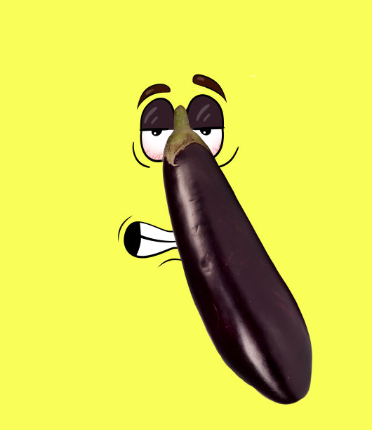 当代拼贴。可笑烦恼紫茄子感到悲伤孤立在黄色的背景。以卡通风格画蔬菜图片下载