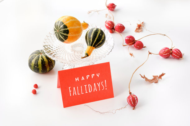 在贺卡上写上快乐的假期。装饰秋天南瓜与秋天的叶子玻璃板。秋天的构图，off白色的背景图片下载