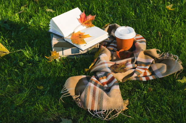 秋天的作文在公园的绿草上。温暖的棕色的围巾。橙色纸板杯咖啡。枫叶。打开的笔记本上有空白的页。图片下载