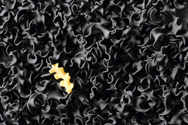 黑色意大利面与白色意大利面特写背景。图片下载