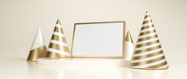 白色和金色现代台座与框架和圣诞树。空的空间。新年概念- 3D插图图片下载