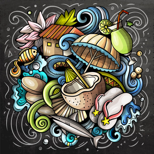 塞舌尔卡通矢量涂鸦黑板插图图片下载