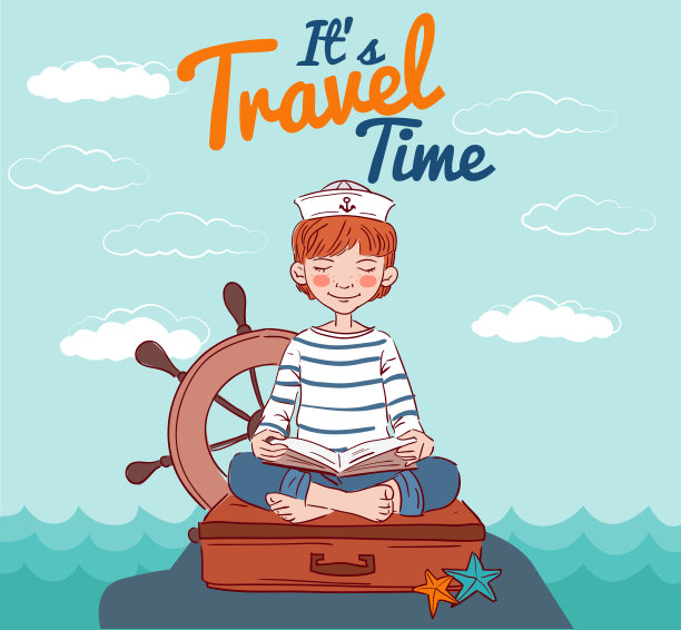 可爱的男孩坐在行李箱上看书。旅行和冒险的概念图片下载