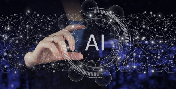 神经网络和其他现代技术的概念。手持数字全息图人工智能标志在城市黑暗模糊的背景。现代意义上的电脑大脑。图片下载