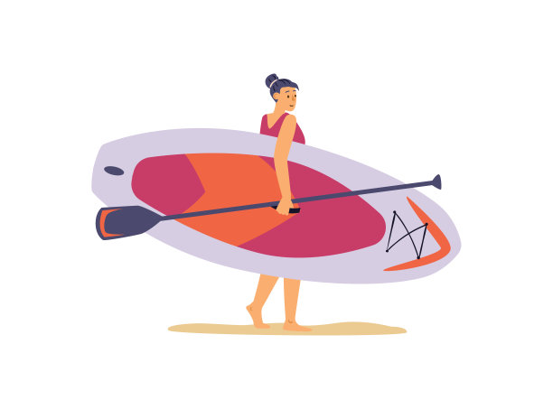 冲浪女孩手持桨板和去海滩矢量插图。图片下载