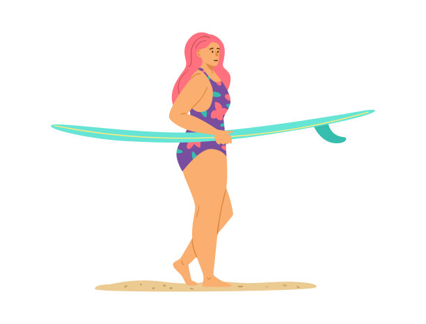 冲浪女孩泳装持有冲浪板和走在海滩矢量插图。图片下载