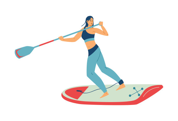 女孩骑在桨板在海，海洋或湖的波浪参与sup冲浪。图片下载