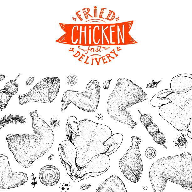 烤鸡和炸鸡。手绘草图插图。烤鸡肉顶视图框架。矢量插图。雕刻设计。餐厅菜单设计模板。图片下载