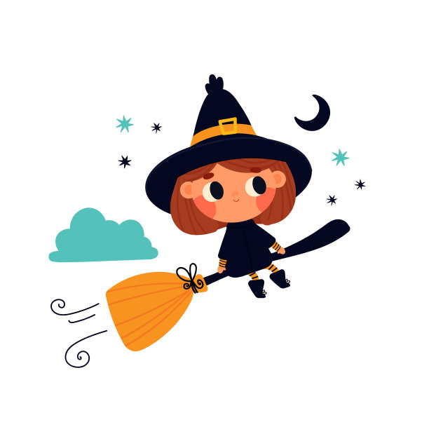一个可爱的女巫骑在扫帚上飞图片下载