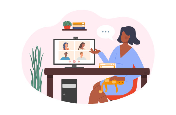 年轻的女性角色正在和她的朋友在家里开视频电话会议，背景是白色的图片下载