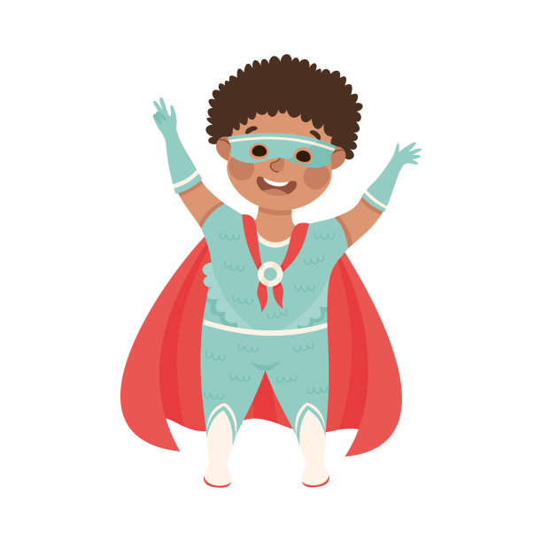 小男孩穿着超级英雄服装假装有力量打击犯罪矢量插图图片下载