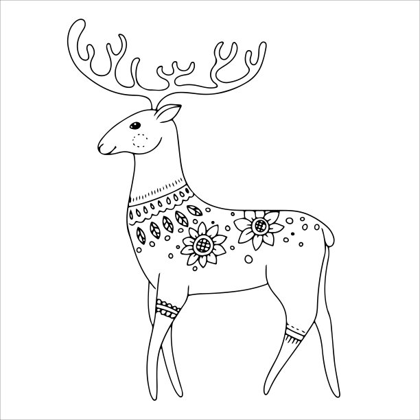 涂鸦或波西米亚风格的鹿。圣诞节和新年的简单装饰。矢量插图孤立的白色背景。素材图片