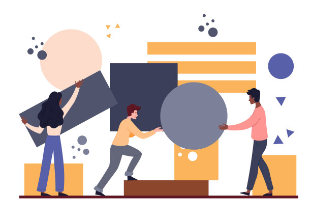 男性和女性角色将几何形状的部分放在一起在白色的背景上图片下载