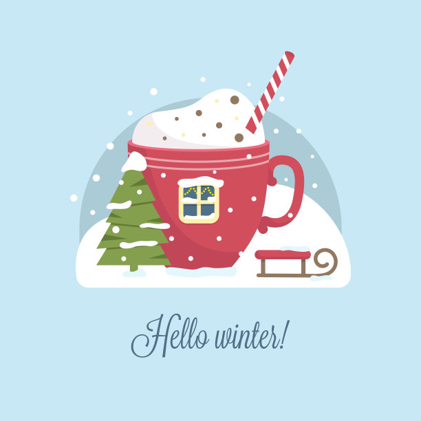 你好冬季圣诞明信片一杯咖啡和奶油屋图片下载