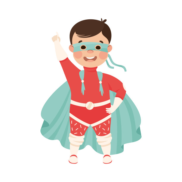 小男孩穿着超级英雄服装假装有力量打击犯罪矢量插图图片下载