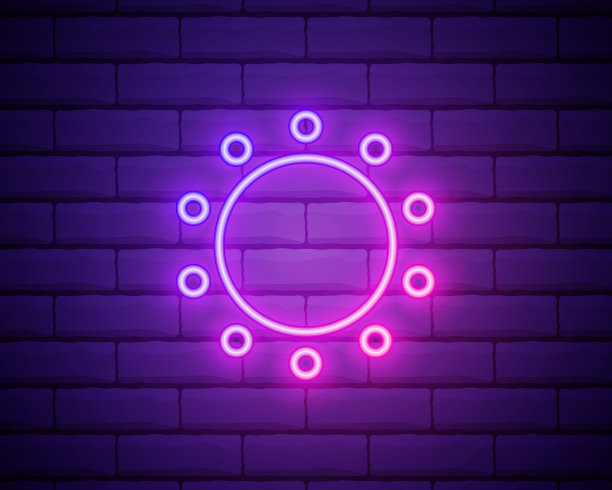 太阳粉红色发光霓虹灯ui用户体验图标。在砖墙背景上分离的发光标志标志向量。图片下载