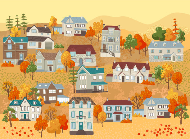 山水中有房，秋中有村，村舍有村，山中有山。秋天景色。卡通平面风格的矢量概念插图。图片下载