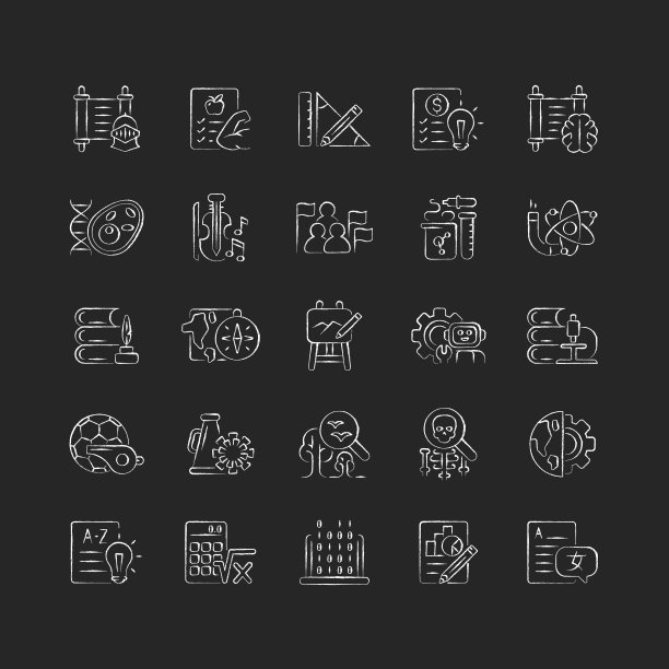 学校科目粉笔白色图标设置在黑暗的背景图片下载